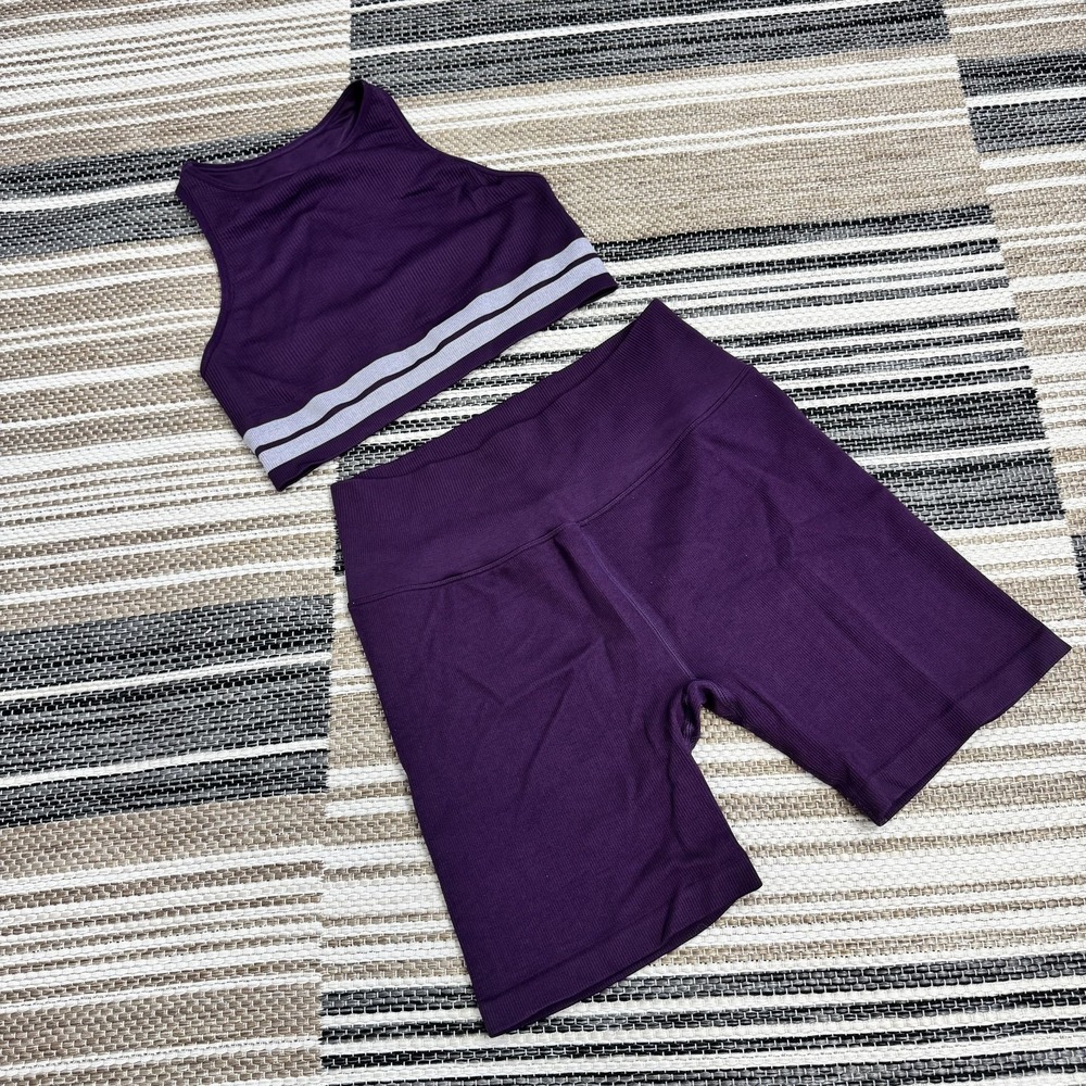 Spiritual Gangster Set Women's M/L Purple Ribbed Bra Bike Shorts Yoga Activewear